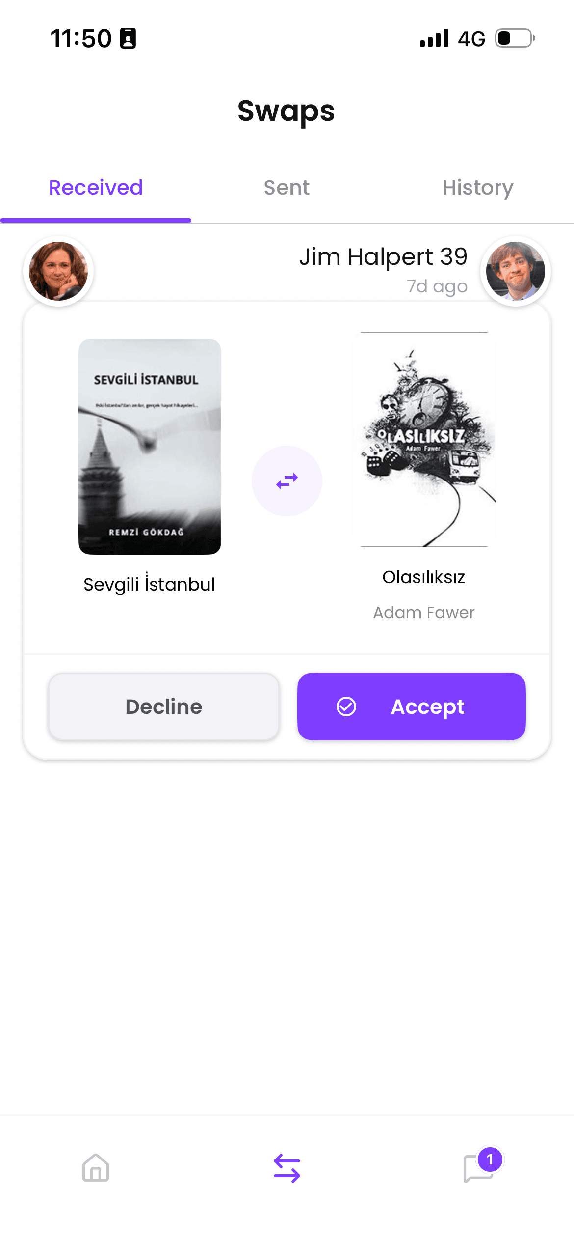 Incoming swaps — accept or decline